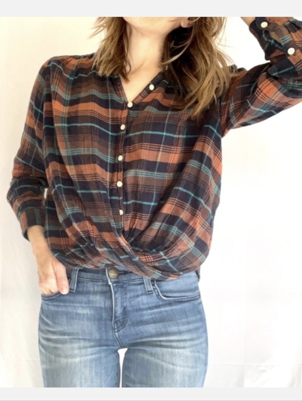 Isabella Sinclair Women's Plaid Button-Front Draped Shirt - Brown & Blue Size Sm